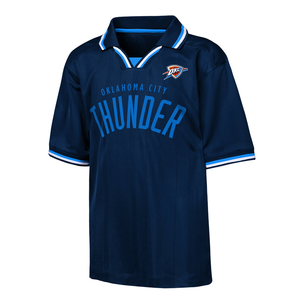 Youth OKC Thunder Outerstuff Stadium Striped Collared T-Shirt in Blue - Front View