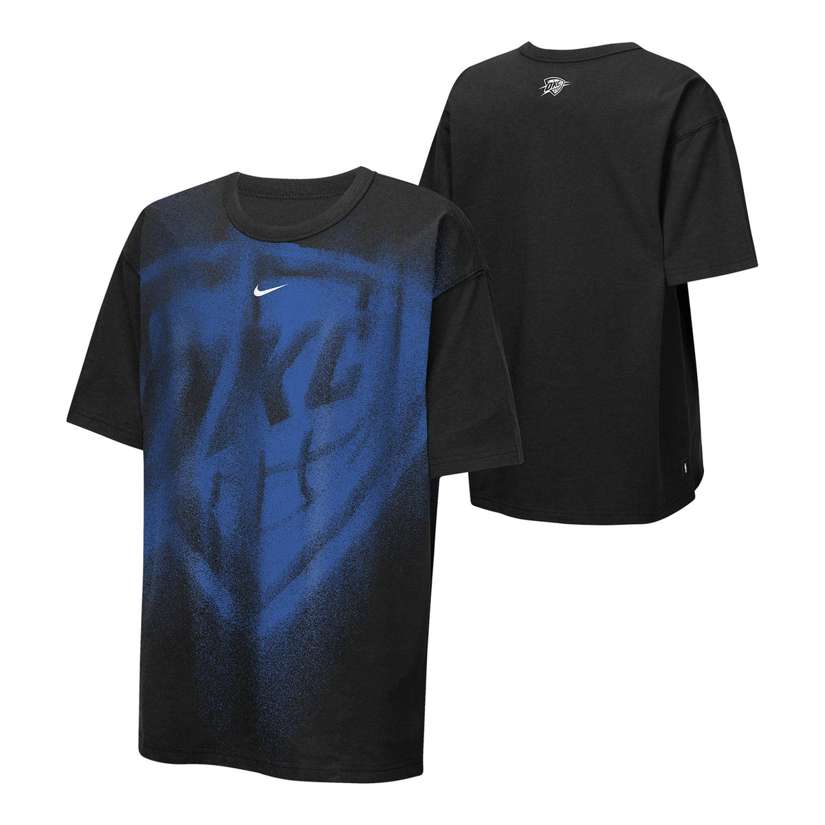 Youth OKC Thunder Nike 2026-27 Icon Practice T-Shirt in Black - Front and Back View