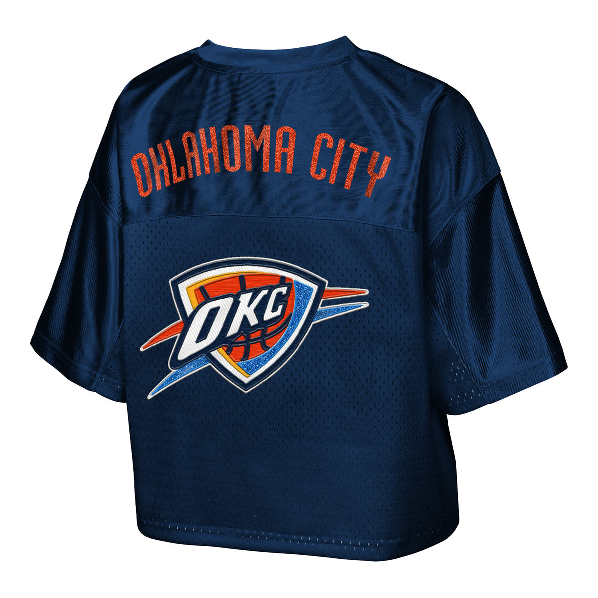 Youth OKC Thunder Outerstuff Glitter Jersey Top in Blue - Back View