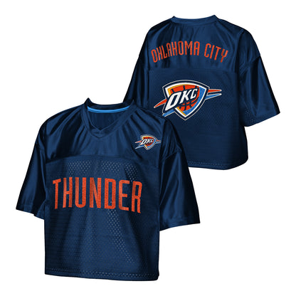 Youth OKC Thunder Outerstuff Glitter Jersey Top in Blue - Front and Back View