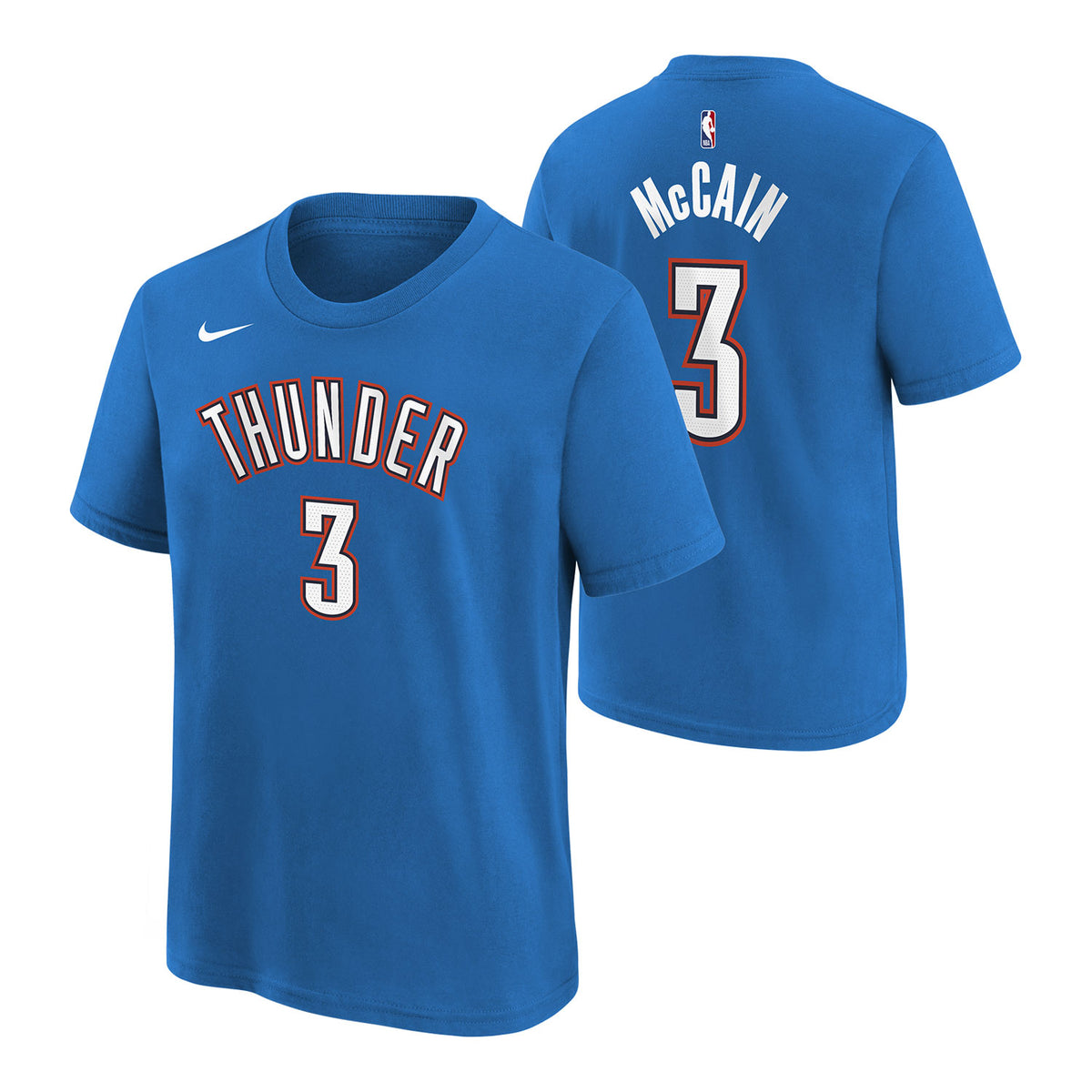 Youth OKC Thunder Nike Jared McCain Icon Name & Number T-Shirt in Blue - Front and Back View