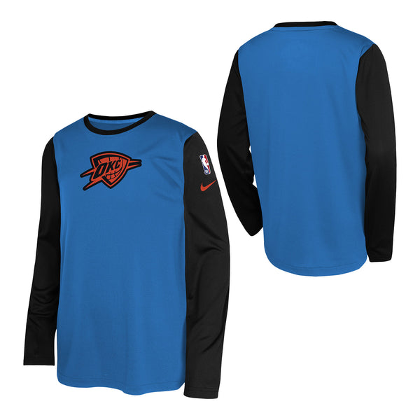 YOUTH 2024-25 OKLAHOMA CITY THUNDER CITY EDITION PREGAME LONG SLEEVE T-SHIRT IN BLUE - FRONT & BACK VIEW