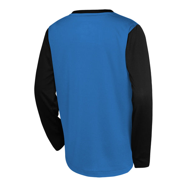 YOUTH 2024-25 OKLAHOMA CITY THUNDER CITY EDITION PREGAME LONG SLEEVE T-SHIRT IN BLUE - BACK VIEW