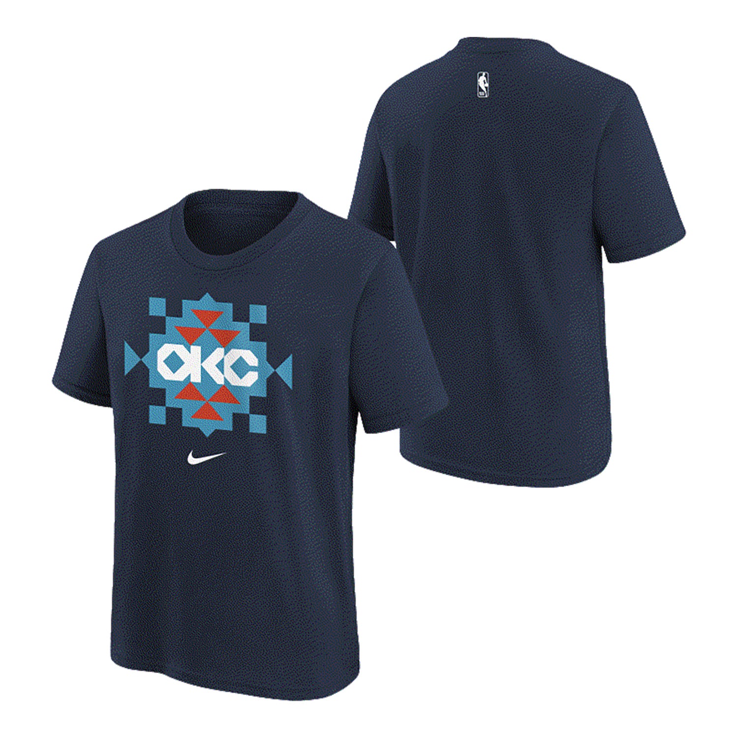 Youth OKC Thunder Nike 2025-26 City Edition Native T-Shirt in Blue - Front and Back View