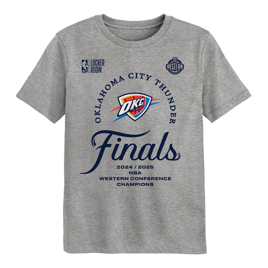 OKC Thunder Juvenile 2025 Western Conference Finals Champions Locker Room T-Shirt in Grey - Front View