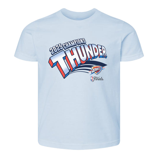 Oklahoma City Thunder Youth NBA Champions 2025 Comic Logo T-Shirt in Blue - Front View