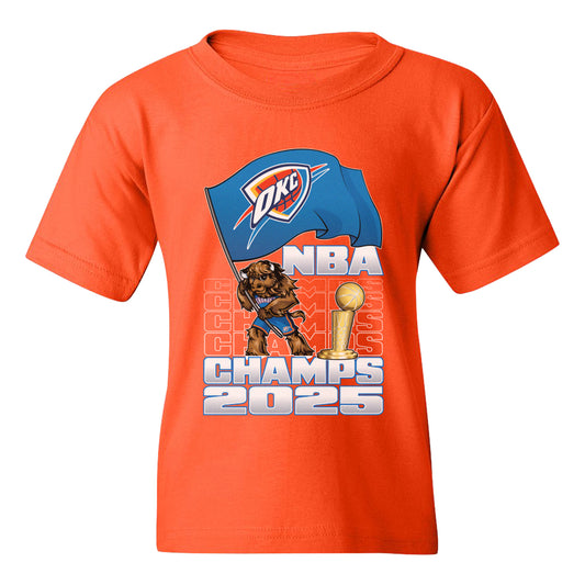 Oklahoma City Thunder Youth NBA Champs 25 Rumble with Flag T-Shirt in Orange - Front View