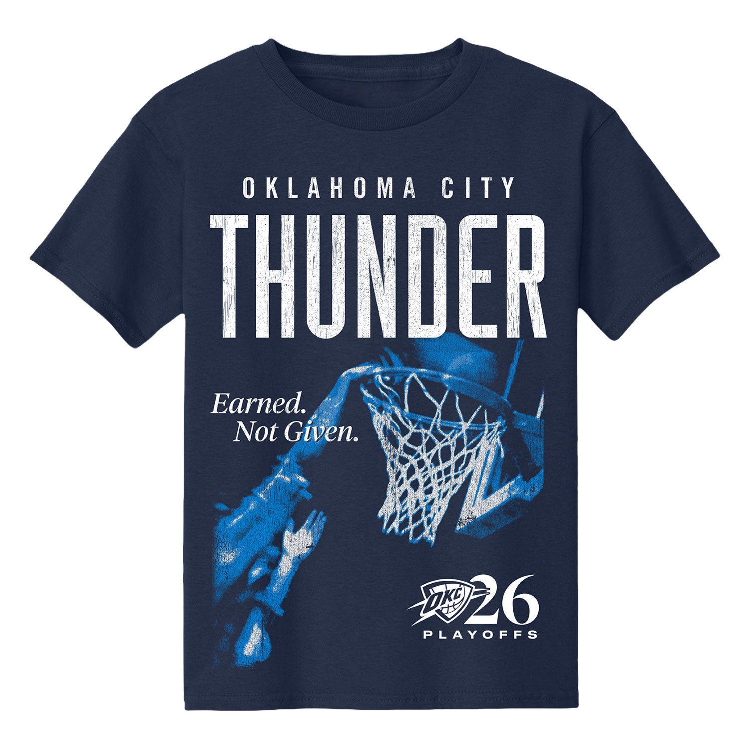 Youth OKC Thunder IOG Earned Dunk 2026 Playoffs T-Shirt in Navy - Front View