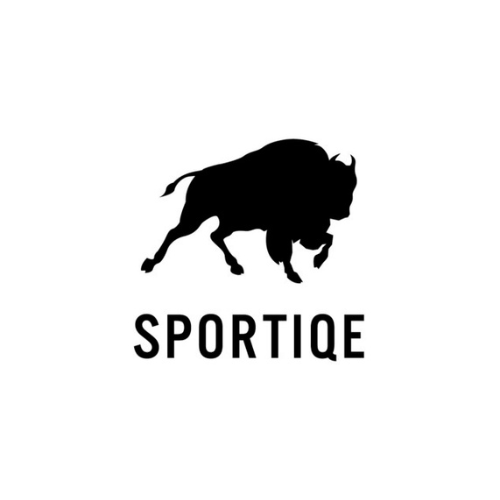 Black silhouette of a running buffalo with 'SPORTIQE' text on a white background
