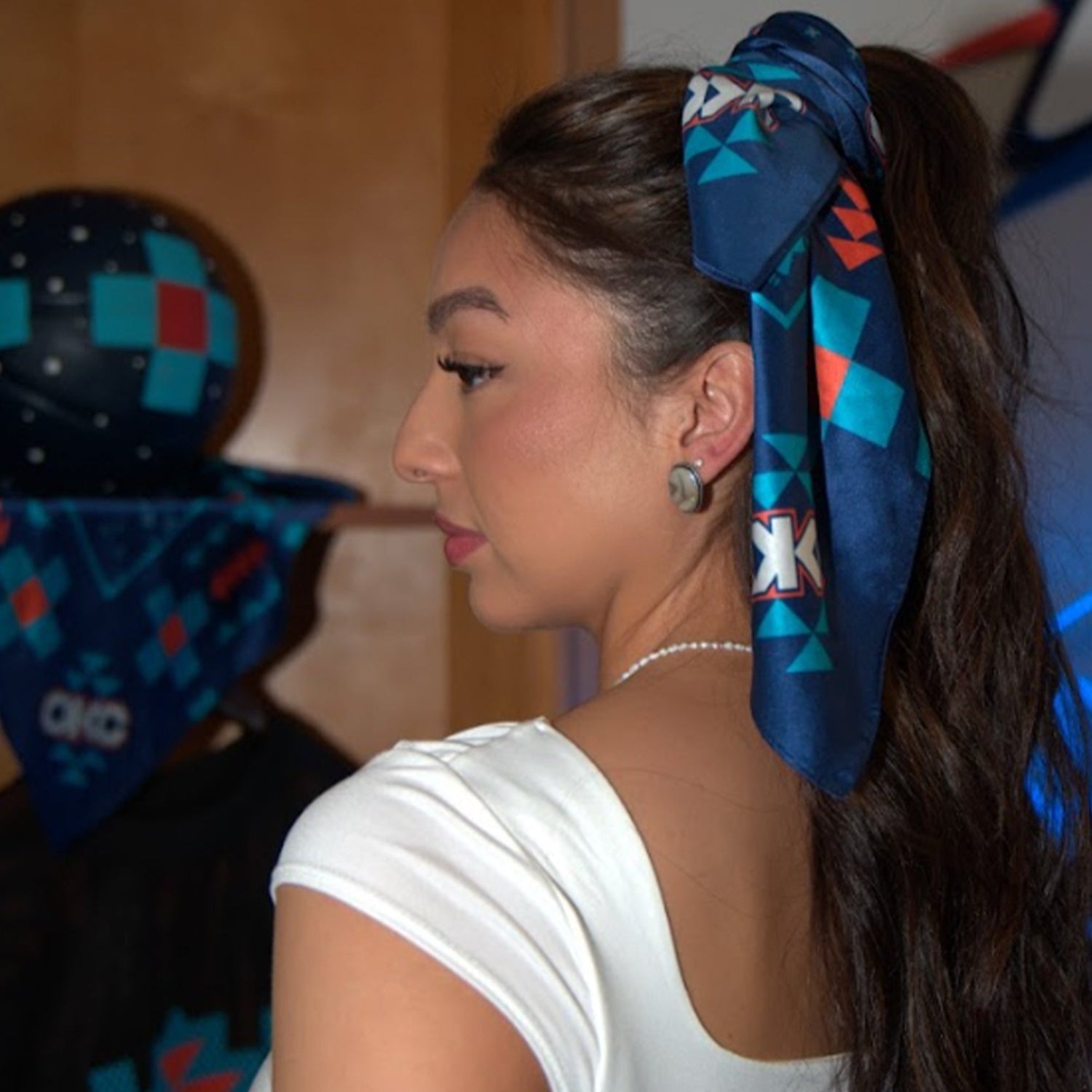 Model Wearing OKC Thunder X Round21 Native Heritage Scarf 