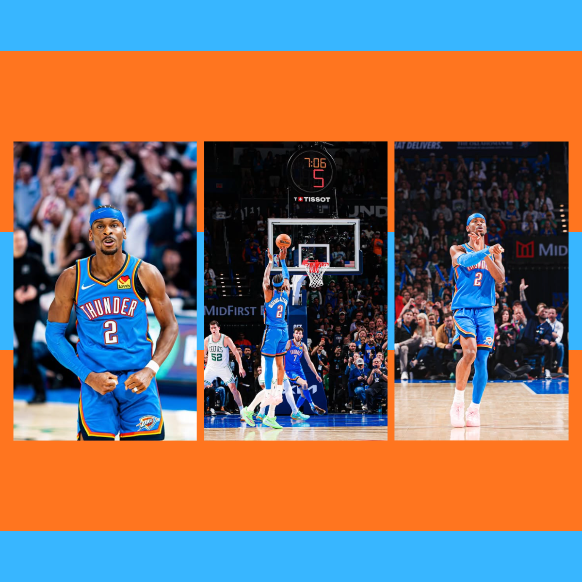 Basketball player in blue uniform with 'Thunder' branding on a colorful background