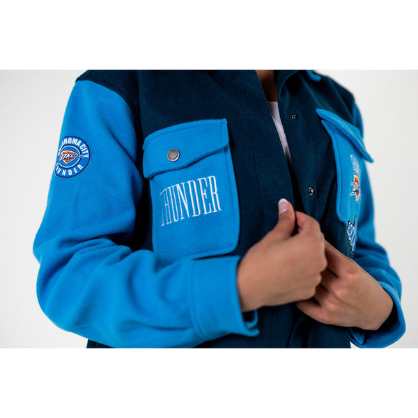 LADIES OKC COLORBLOCK SHACKET IN BLUE - RIGHT SIDE VIEW ON MODEL