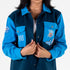 LADIES OKC COLORBLOCK SHACKET IN BLUE - FRONT VIEW ON MODEL