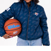 LADIES OKC PUFFER JACKET IN BLUE - FRONT VIEW ON MODEL