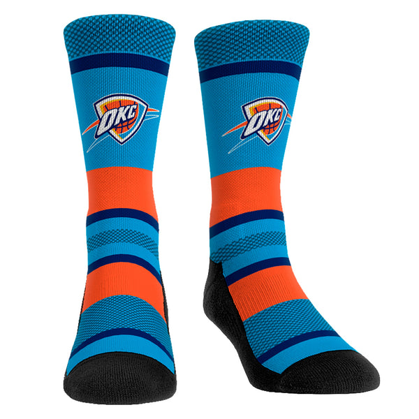 Rock 'em Apparel Thunder Tech Stripe Socks in Blue, Orange, and Black - Front and Right View
