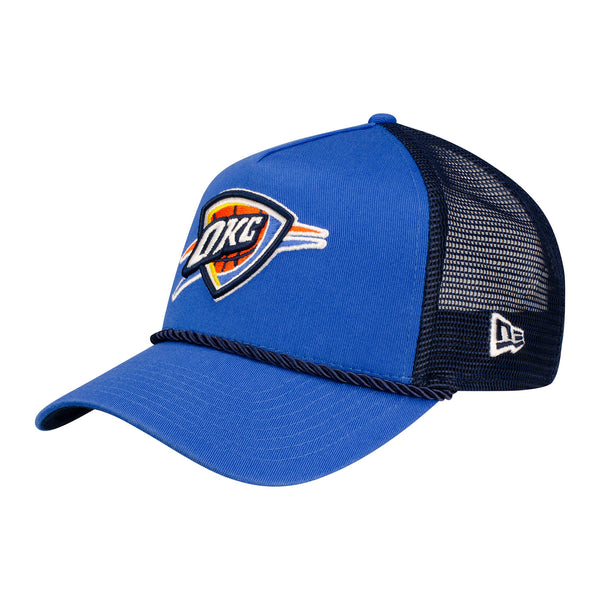 NEW ERA THUNDER 9FORTY A-FRAME ADJUSTABLE TRUCKER HAT IN BLUE - ANGLED LEFT SIDE VIEW