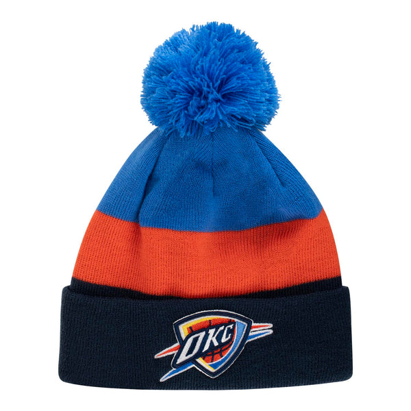 NEW ERA THUNDER TRIBLOCK POM TEAM COLOR KNIT HAT IN BLUE & ORANGE - FRONT VIEW