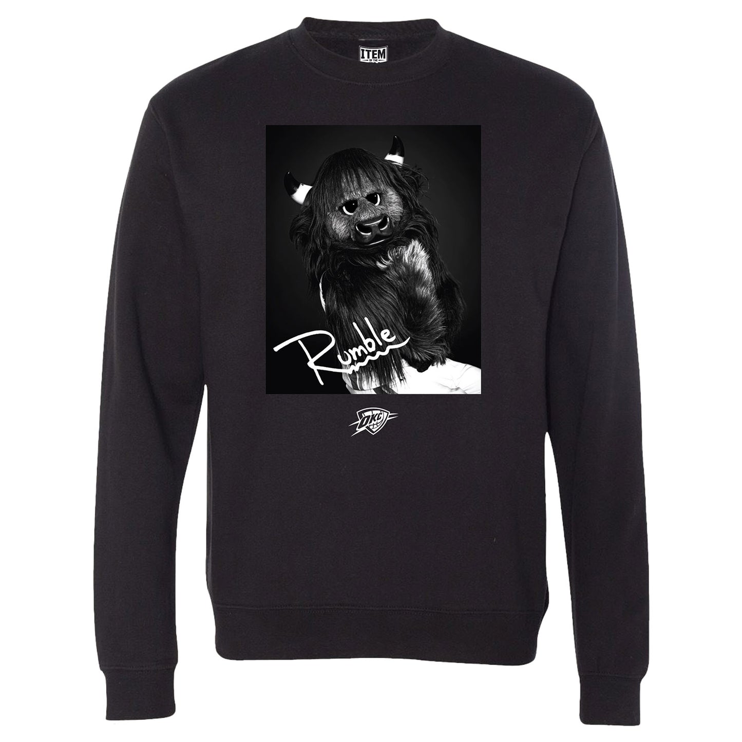 OKC THUNDER RUMBLE PORTRAIT CREWNECK SWEATSHIRT IN BLACK - FRONT VIEW