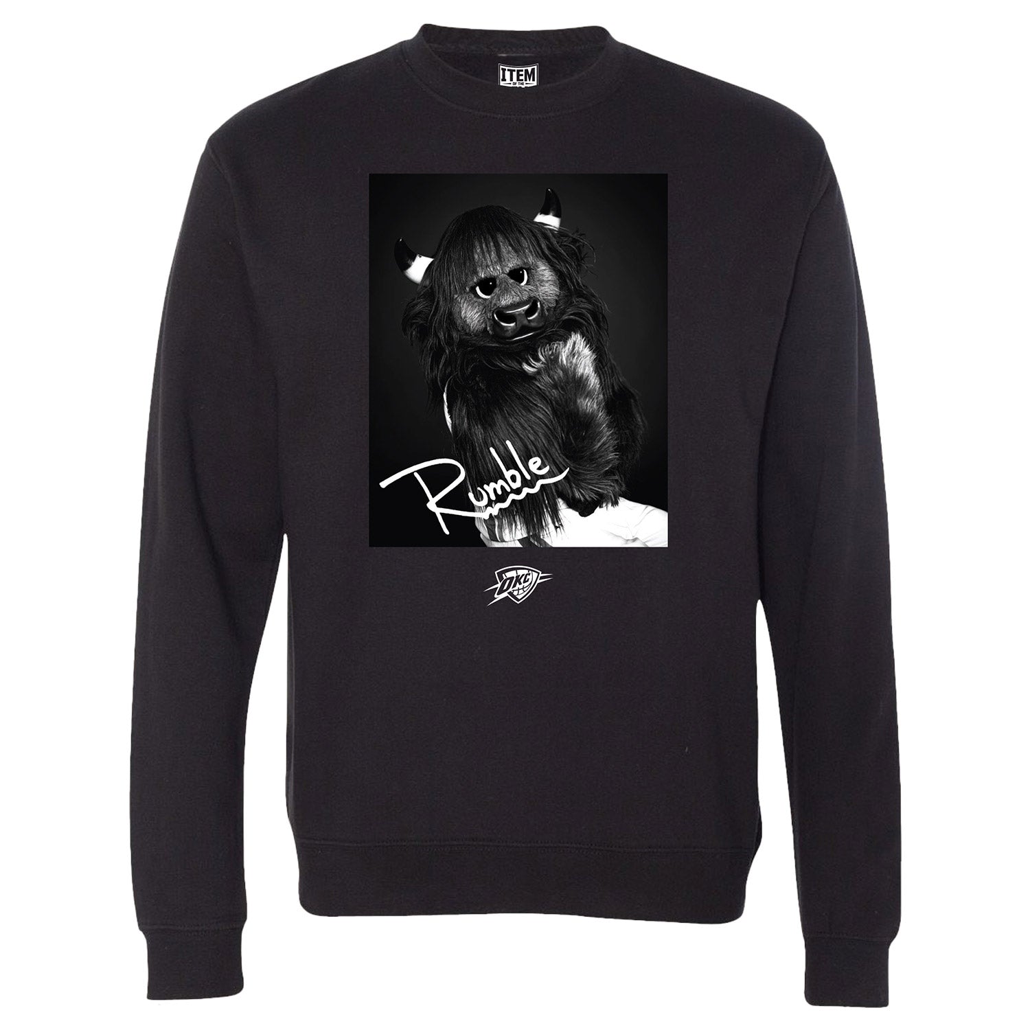 OKC THUNDER RUMBLE PORTRAIT CREWNECK SWEATSHIRT IN BLACK - FRONT VIEW