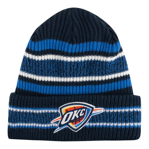 NEW ERA THUNDER VINTAGE STRIPE YOUTH KNIT HAT IN BLUE & WHITE - FRONT VIEW